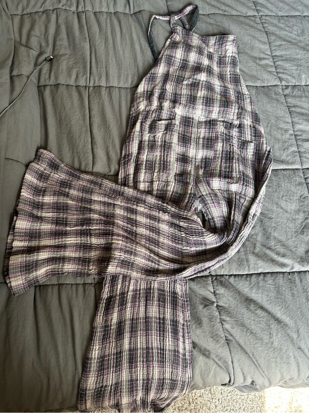 NATURAL LIFE Black Jumpsuit with Purple Plaid Straps